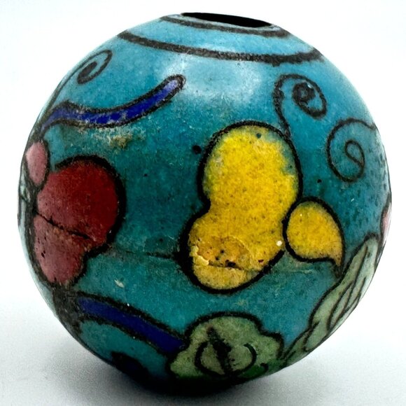 Cloisonné Floral Vtg Bead Hand-Painted Enamel Design Blue Red Yellow Green 24mm - Picture 7 of 7